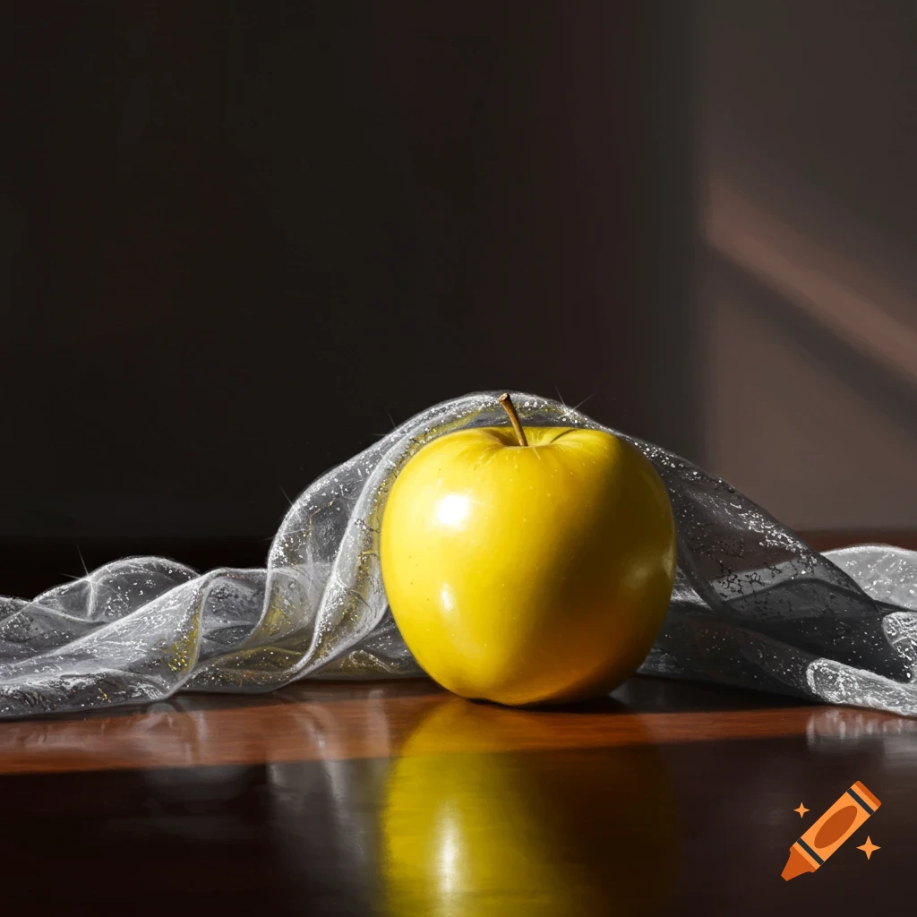 A vibrant yellow apple rests on a dark wooden surface, draped with a shimmering silver scarf, bathed in dramatic light.