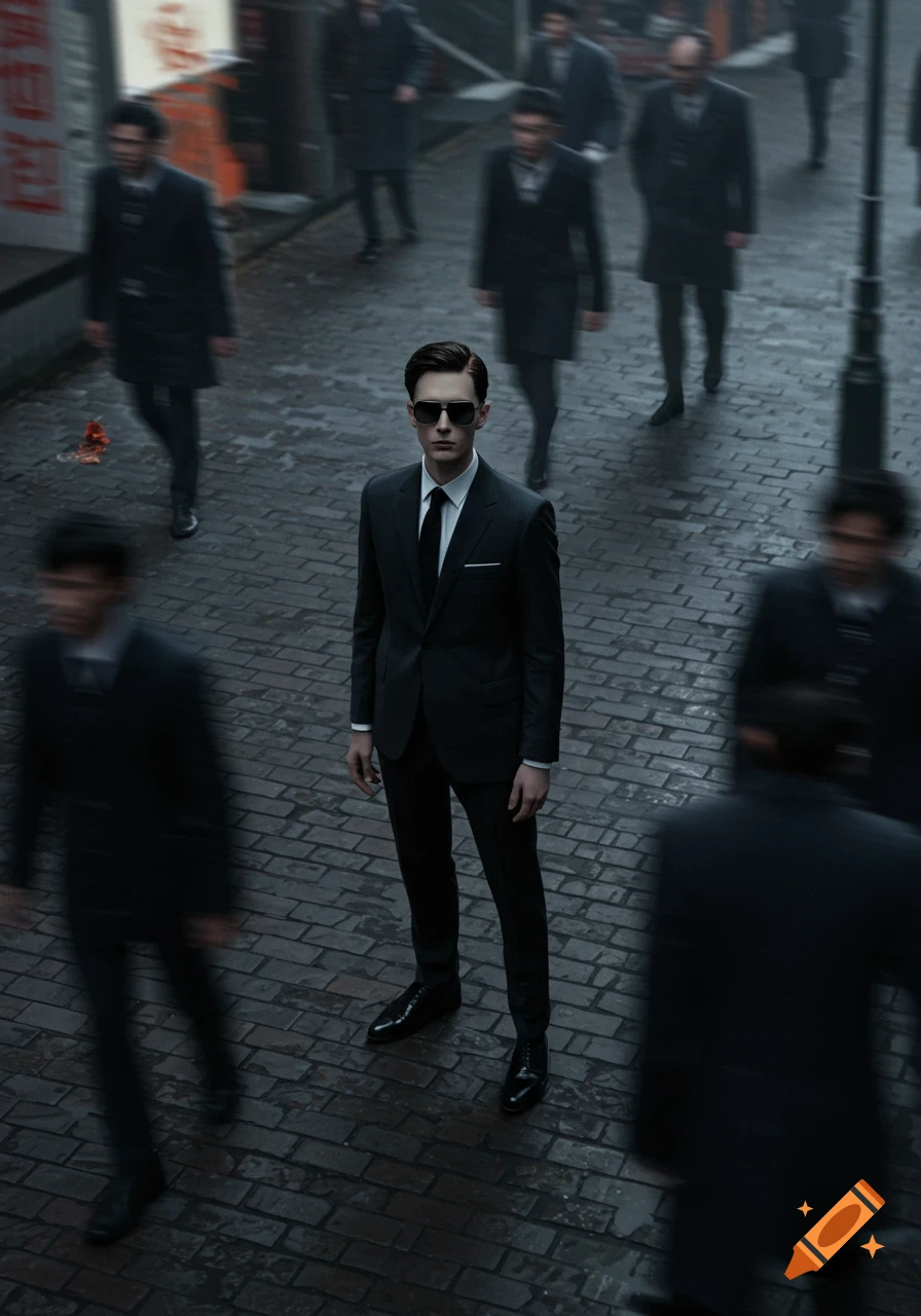 Overhead cinematic shot of a man in a black suit and sunglasses standing still on a brick city sidewalk as a motion-blurred crowd rushes past him.