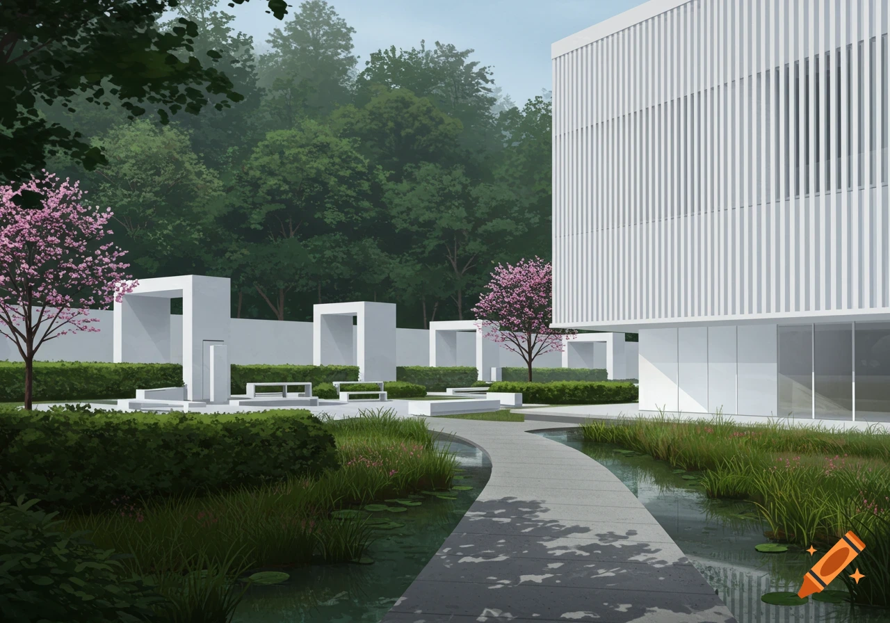 Modern white building with vertical slats next to a curved path, pond, and courtyard with white structures, pink flowering trees, and hedges.