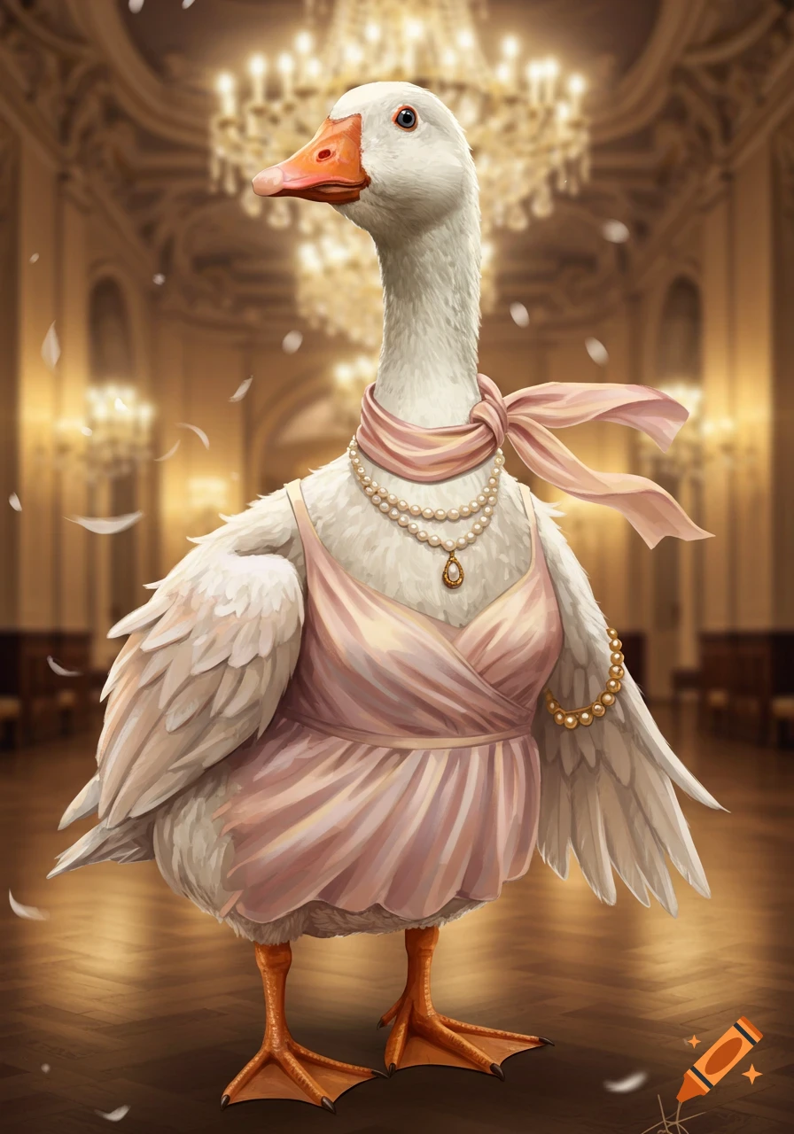 A humanized white goose wears a pink dress, pearl necklace, and pink ribbon, standing elegantly in a grand ballroom.