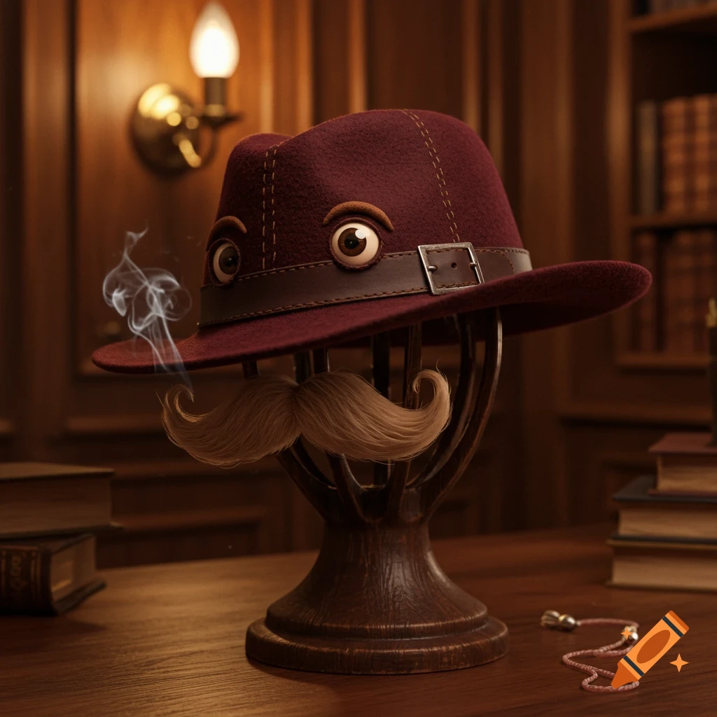A close-up of a burgundy fedora hat with large eyes and a blonde mustache, smoking, on a wooden pedestal in a dimly lit library.