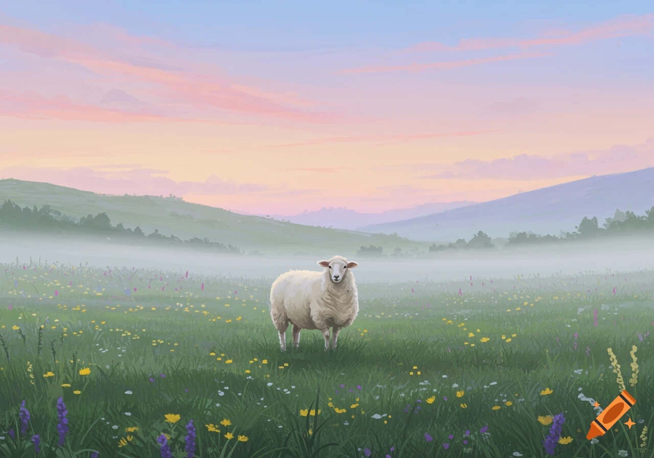 A white sheep stands in a field of green grass and wildflowers with misty mountains and a pink and blue sky at sunset.