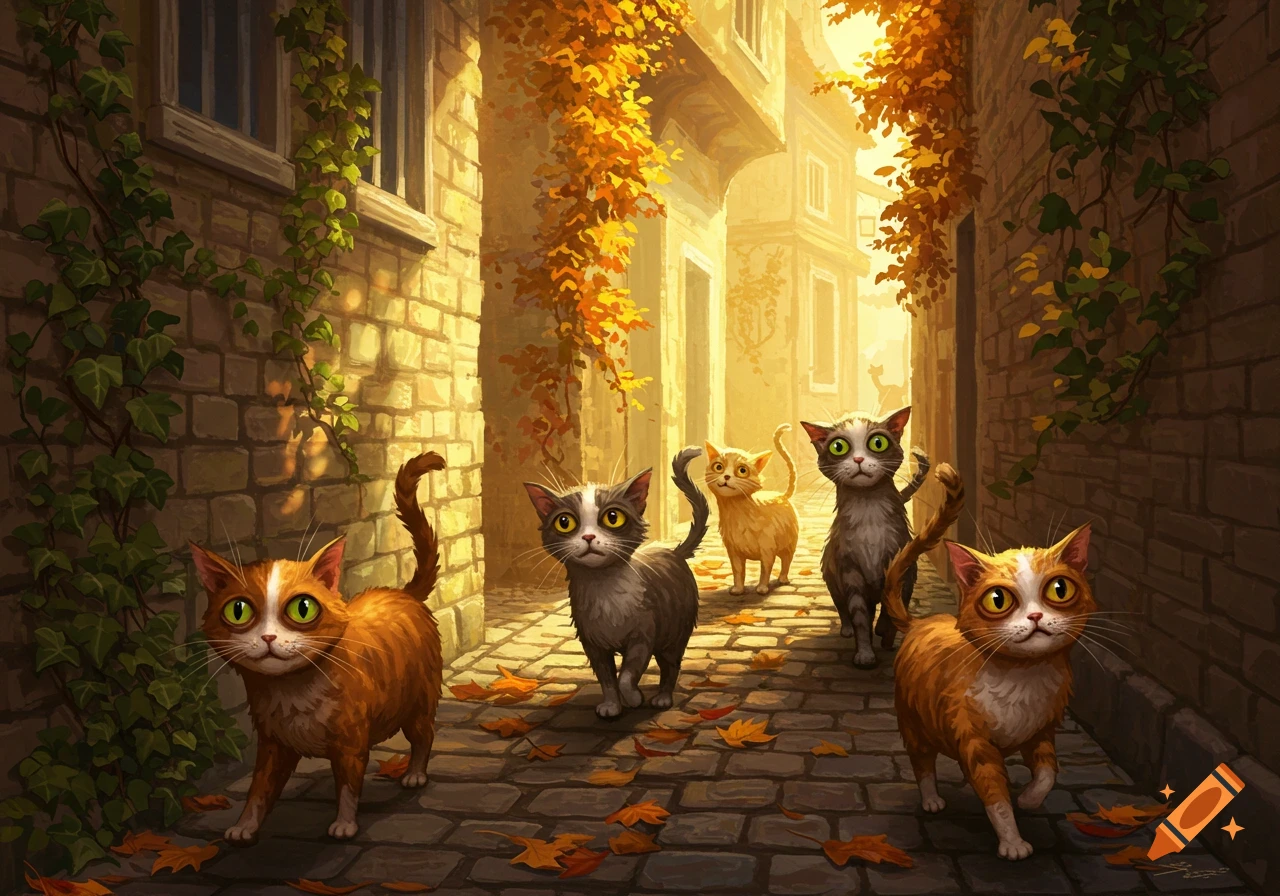 Stylized cats with large eyes walk down a sunlit autumn alleyway with brick buildings and fallen leaves.