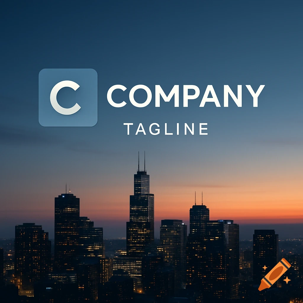 A logo featuring a large C next to the word 'COMPANY' and 'TAGLINE' below, set against a twilight cityscape with skyscrapers.