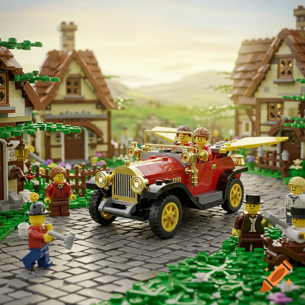 A vibrant Lego scene depicting a red vintage car with two figures, surrounded by other figures and quaint village buildings.