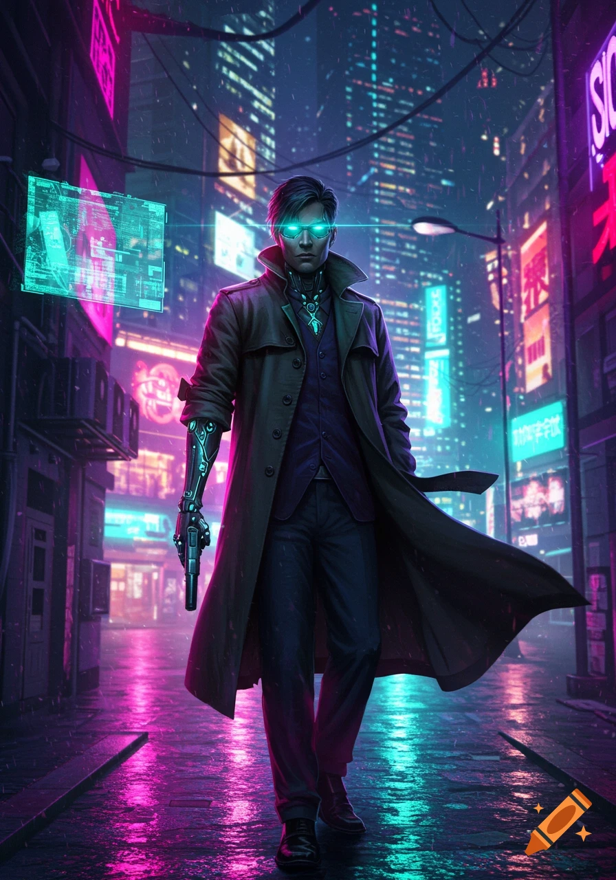 A man in a trench coat with glowing cybernetic eyes and a robotic arm holds a pistol on a neon-lit, rain-slicked cyberpunk city street.