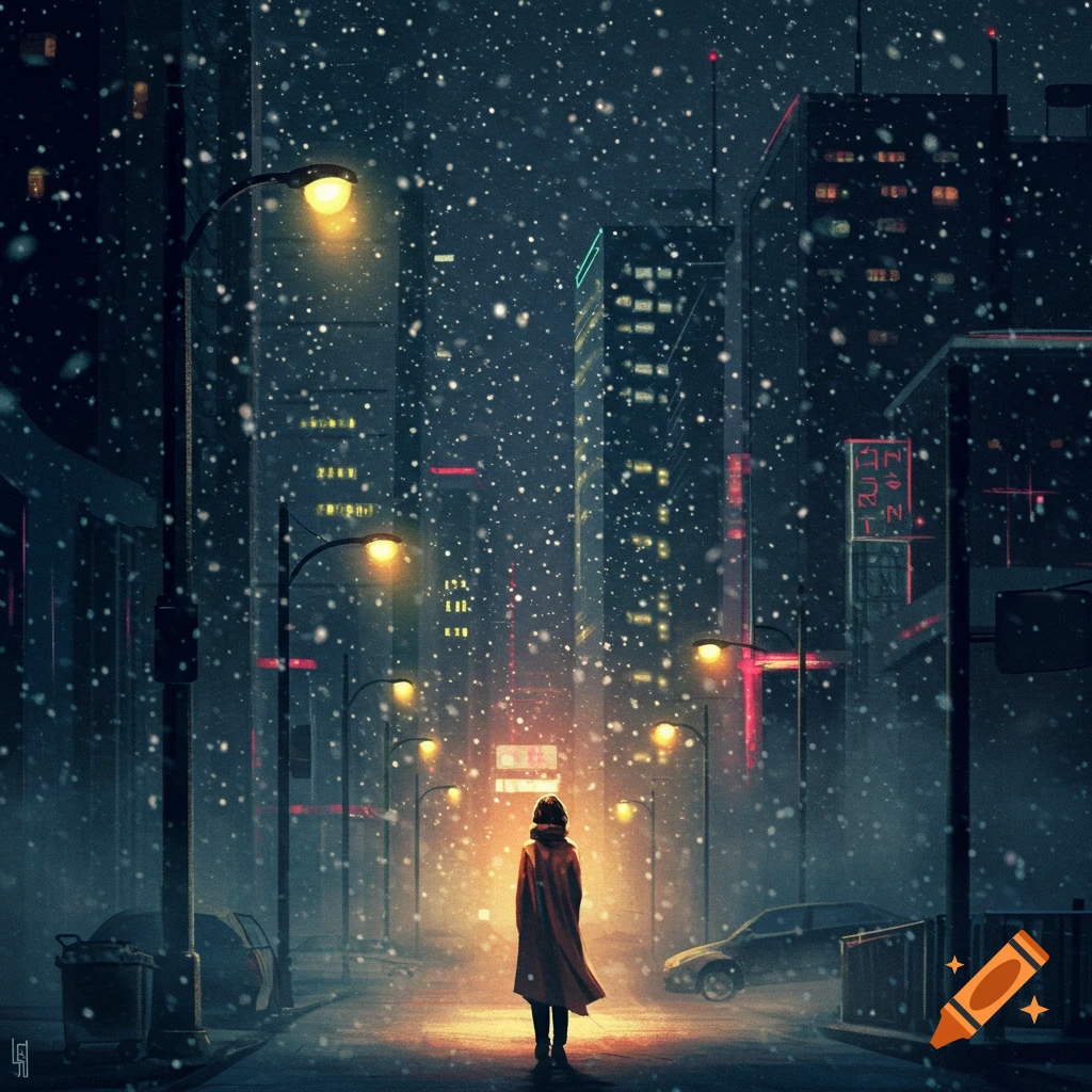 A lone figure walks down a snowy, illuminated city street at night, with tall buildings and streetlights, in a digital painting style.