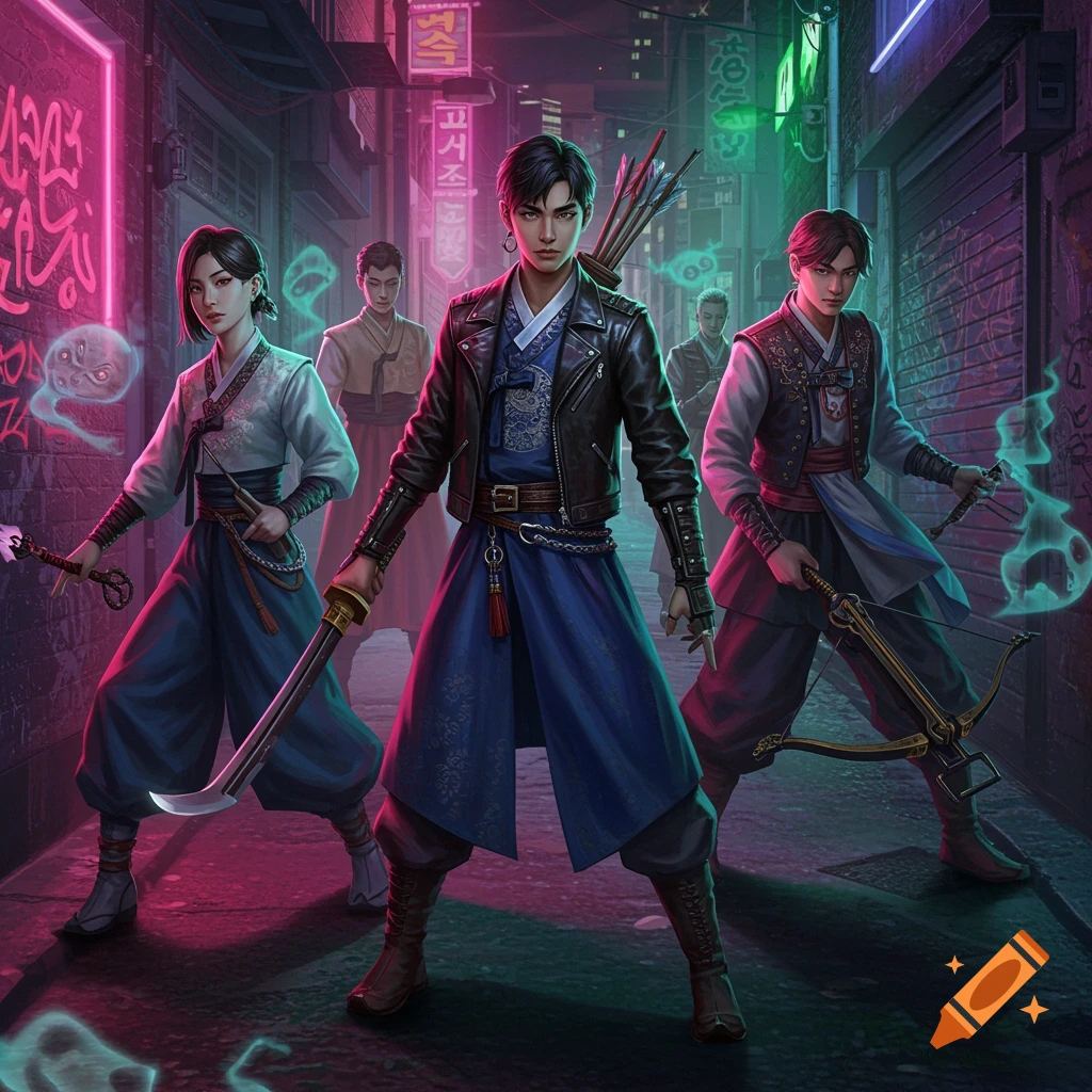 Four stylish K-pop inspired demon hunters stand in a neon-lit alley with glowing weapons.
