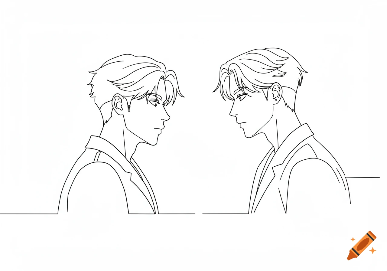 Two anime-style male characters in profile facing each other, drawn in a simple black and white line art style.