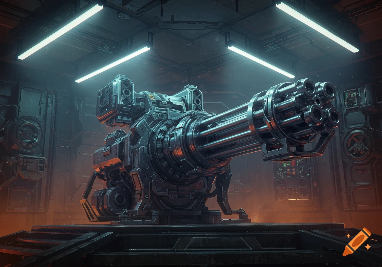 A massive triple-barrel minigun sits on a platform in a dark, industrial sci-fi setting with neon lights.