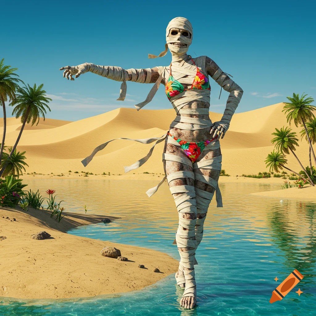 Photorealistic mummy in a bikini standing in water at a desert oasis with palm trees and sand dunes.