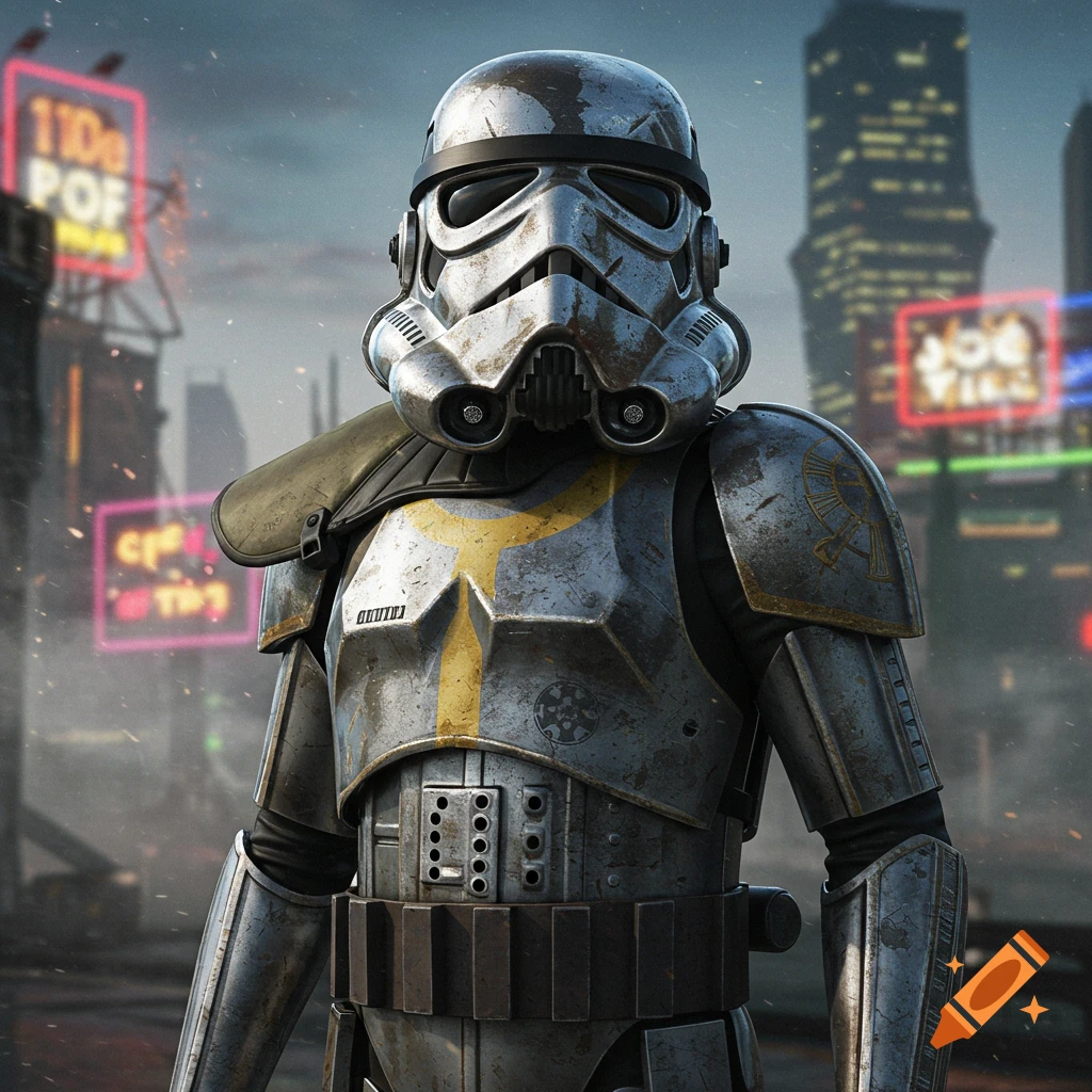 A heavily armored Stormtrooper, with a weathered metal and gold paint job, stands in a futuristic cyberpunk city with neon signs.