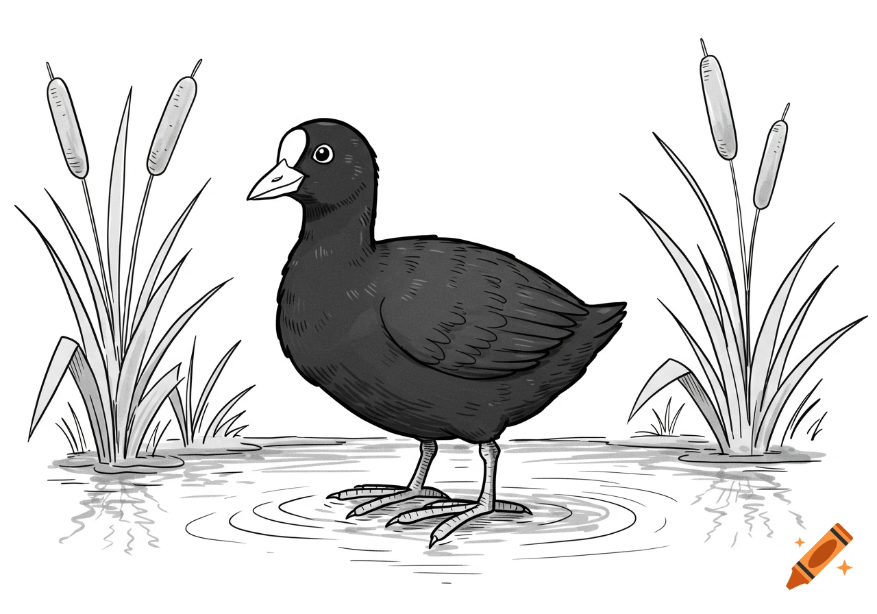 A black and white cartoon drawing of an American coot bird with a white beak patch, standing in water surrounded by cattails.