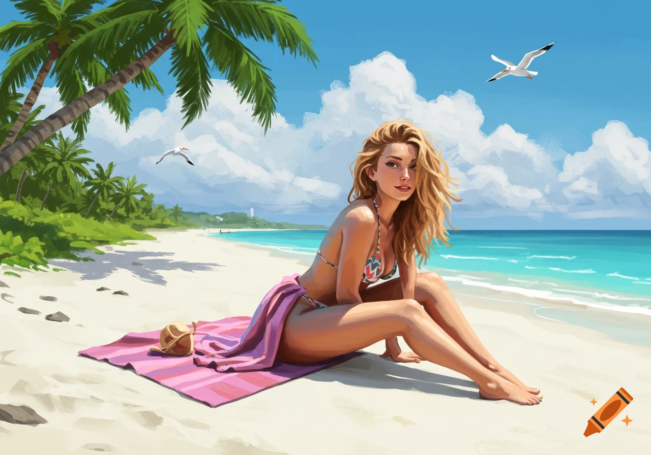 A woman with blonde hair sitting on a pink towel on a sunny beach, with palm trees and blue ocean in the background, digital art.
