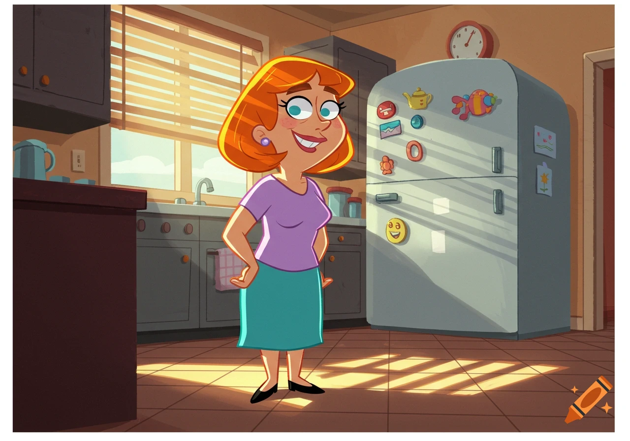 A smiling cartoon woman with orange hair and a purple shirt stands in a sunlit kitchen next to a refrigerator covered in magnets.