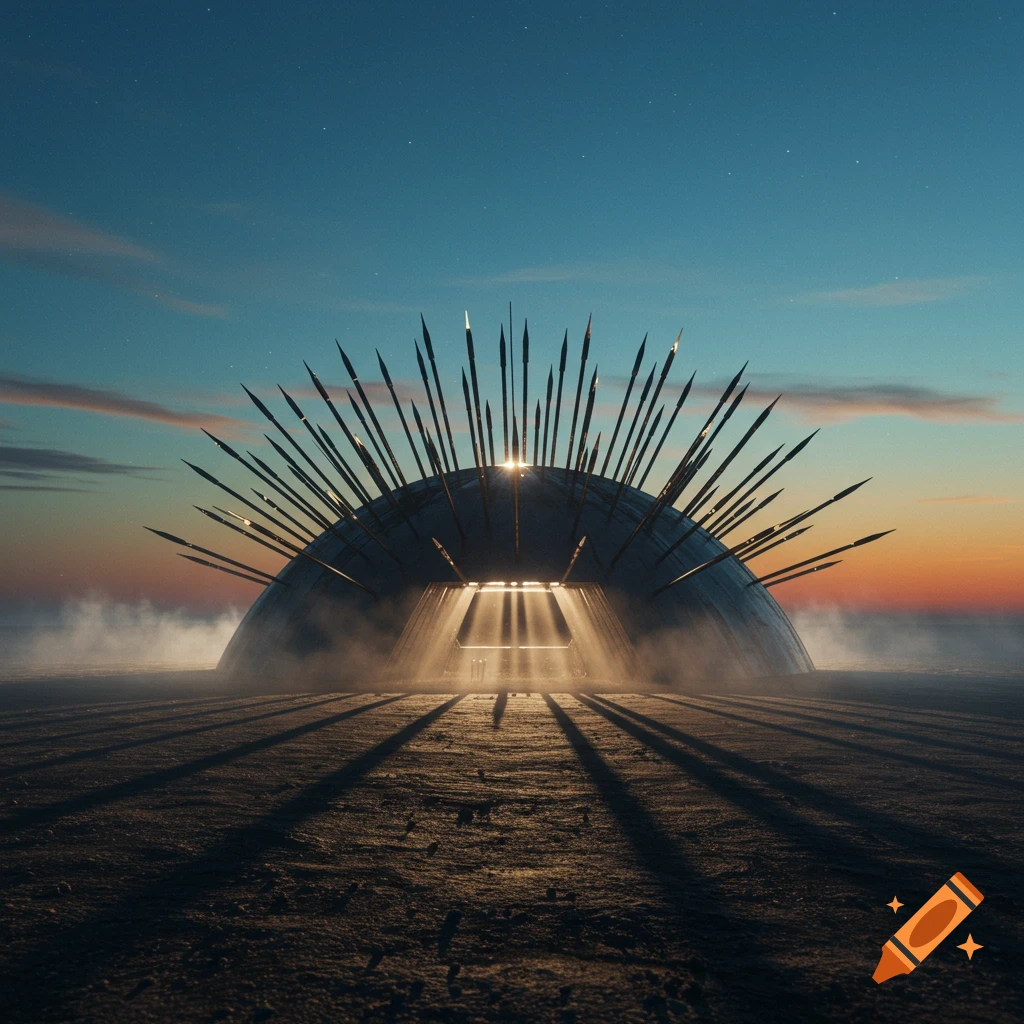 Domed structure with spears protruding, light emanating from its entrance, set on a barren landscape at sunset.
