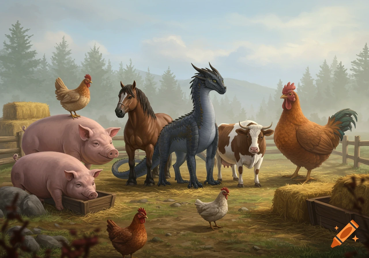 A fantasy farm scene with a large blue dragon, a horse, a cow, two huge pink pigs (one with a chicken on its back), and several chickens. Hay bales and a wooden fence are in the background under a misty sky.