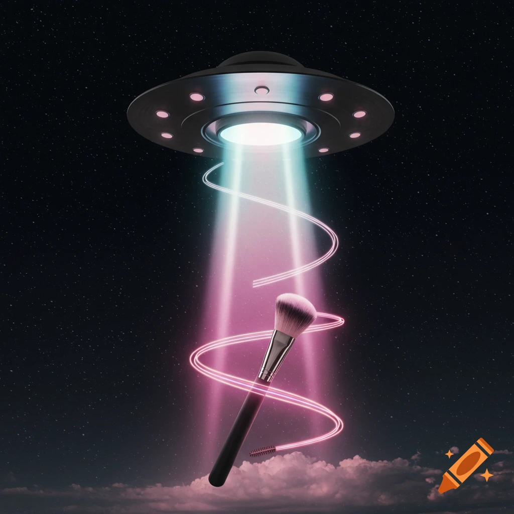 A shiny UFO with purple lights beams a pink and blue light onto a makeup brush in a starry night sky with clouds.