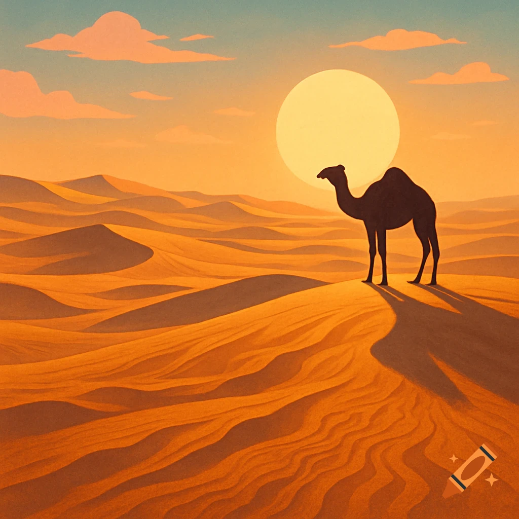 Stylized illustration of a camel silhouetted against a large sun in a vast desert of sand dunes at sunset.