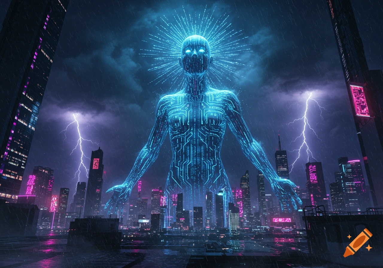 A towering, glowing blue humanoid figure made of circuit patterns stands over a dark, rainy cyberpunk city with neon lights and lightning.