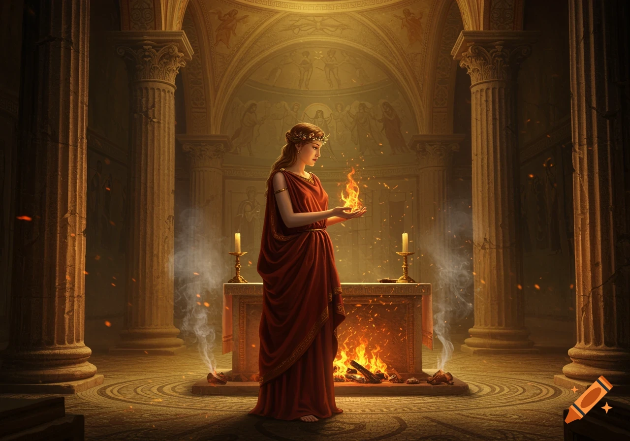 A goddess in a red robe stands in an ancient temple, holding fire above an altar with a large fire, in a digital painting style.