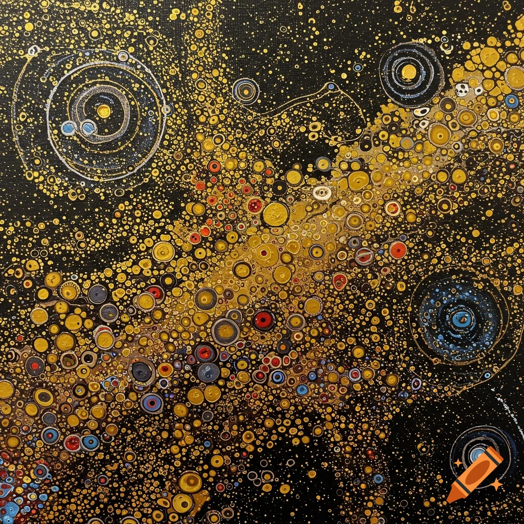 Abstract painting with golden and colorful dots and concentric circles on a black background, resembling an alien space map.