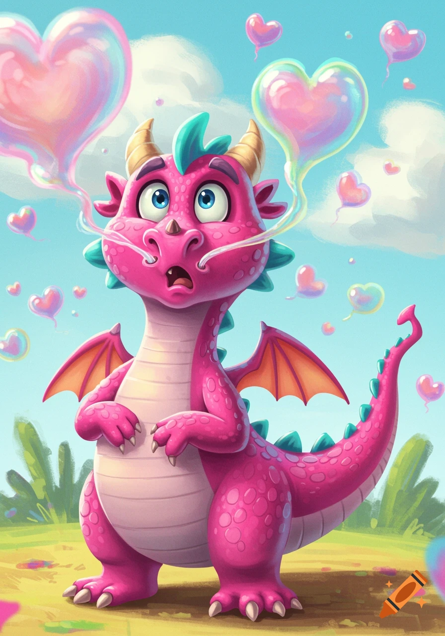 A vibrant cartoon illustration of a surprised pink dragon breathing out heart-shaped smoke bubbles under a light blue sky.