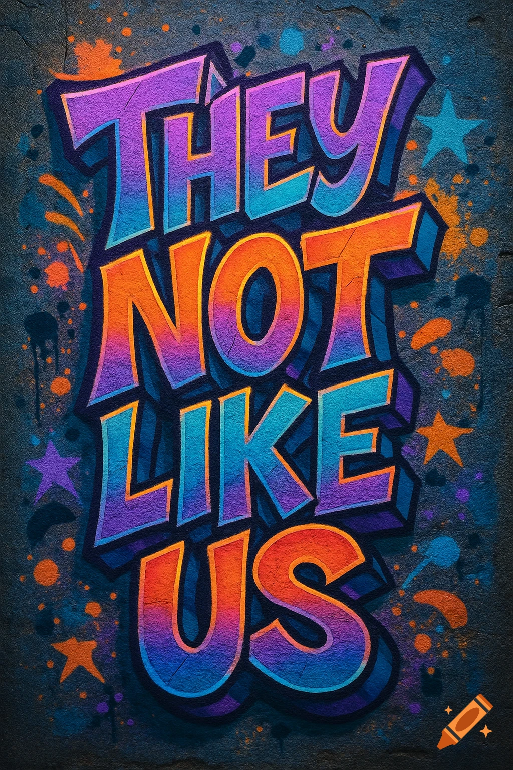 Vibrant graffiti text reading 'THEY NOT LIKE US' on a textured urban wall with paint splatters and stars.