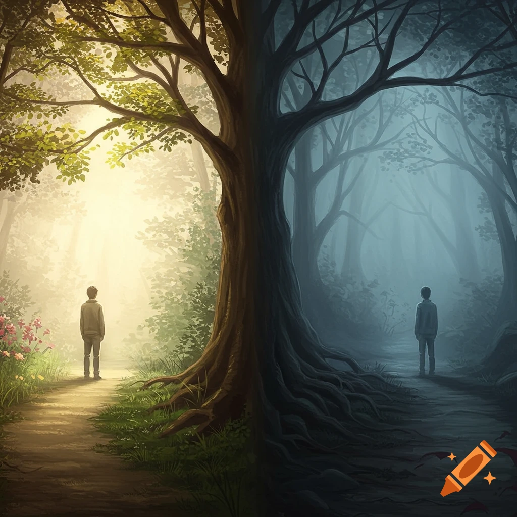 A stylized painting of a person standing on a path at the base of a large tree, where the path splits into a bright, sunny forest on one side and a dark, misty forest on the other.