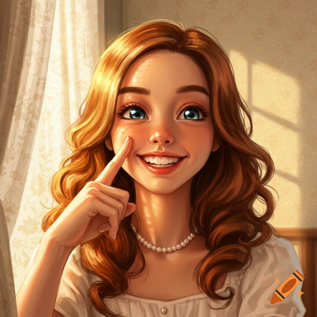 Stylized portrait of a smiling woman with long brown hair and blue eyes, pointing at her cheek.