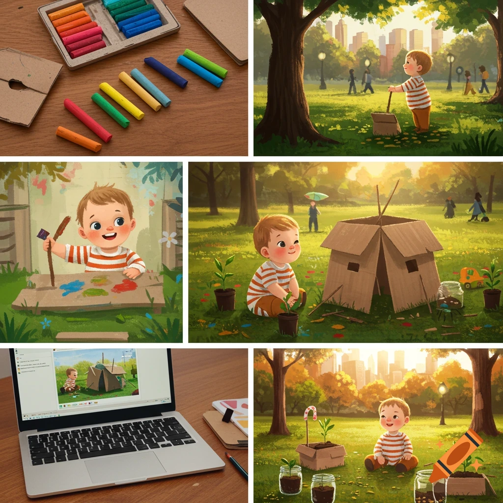 A six-panel collage showing a toddler playing in a park, doing art, and planting. One panel shows art supplies, and another shows a laptop displaying one of the toddler images.