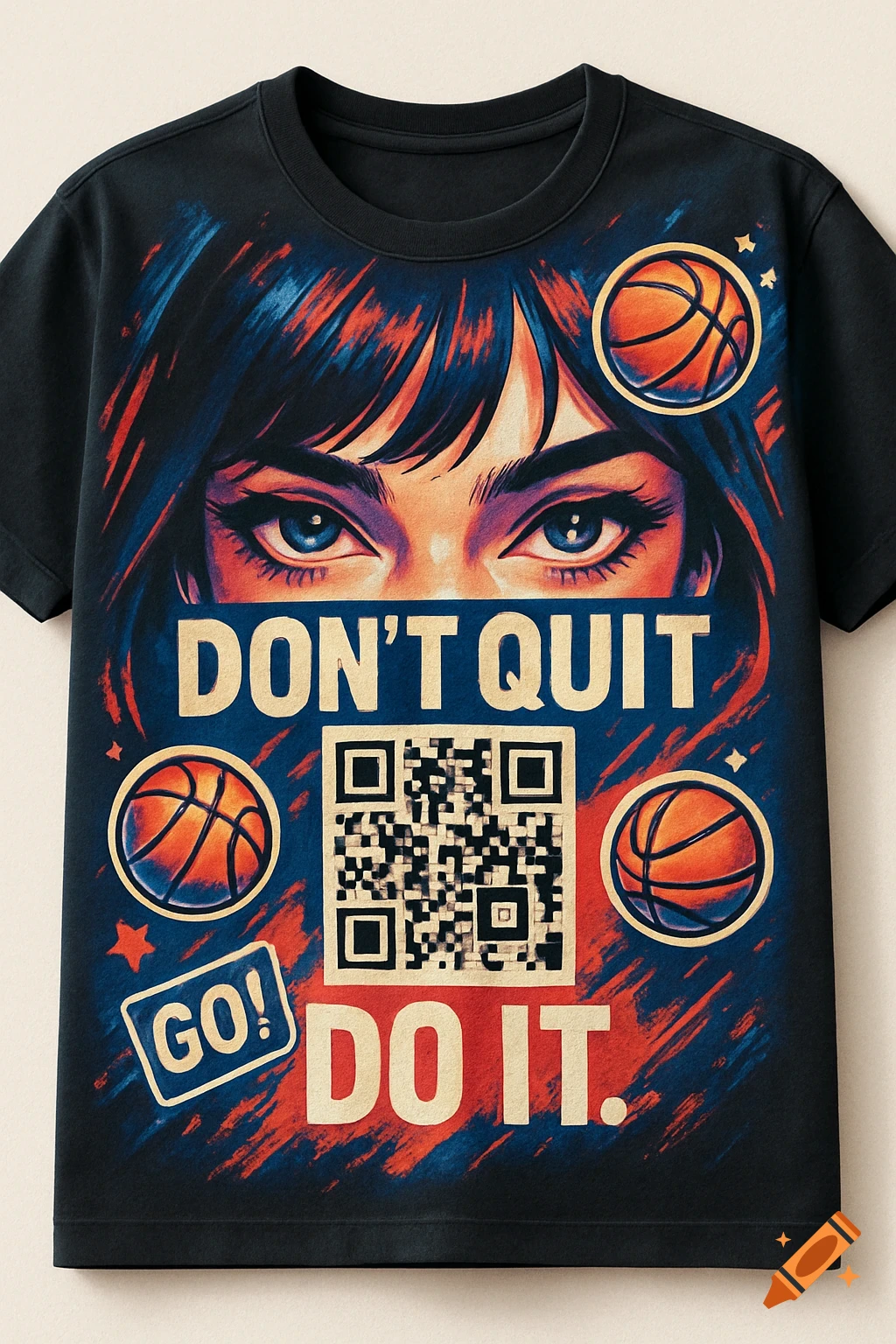 Black T-shirt with a graphic of a woman's stylized eyes, three basketballs, 'DON'T QUIT DO IT.' text, a QR code, and a 'GO!' sticker.