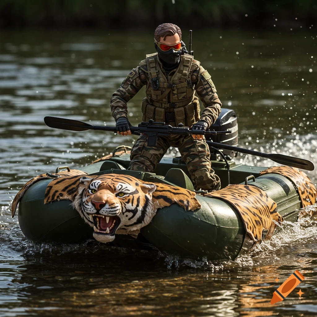 A GI Joe action figure, Firefly, stands in a combat raft on a river, holding an oar and a rifle. A tiger skin is draped over the front of the raft.
