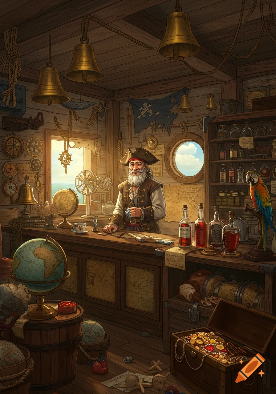 An illustrated pirate stands behind a counter in a general store filled with maps, globes, bottles, and a treasure chest.
