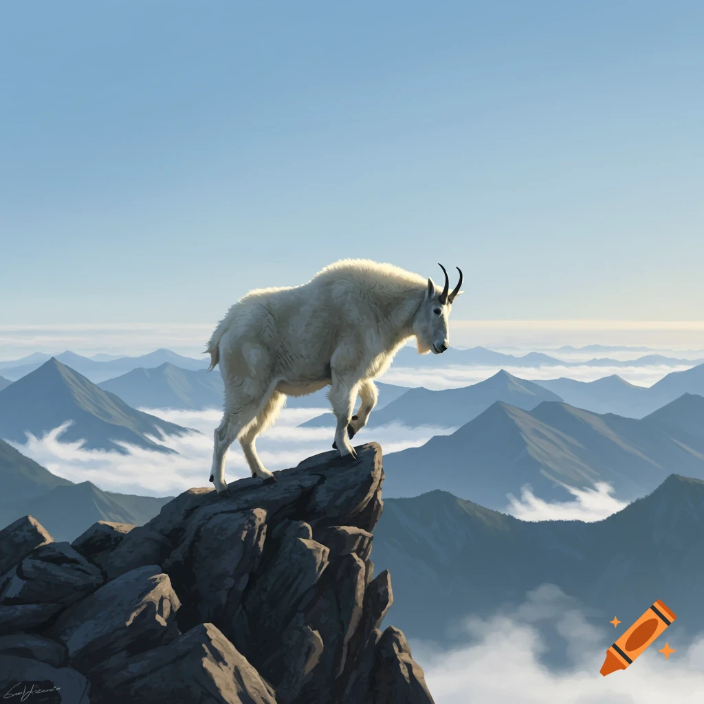 A white mountain goat stands on a rocky peak, with layered mountains and clouds filling the background under a clear sky.