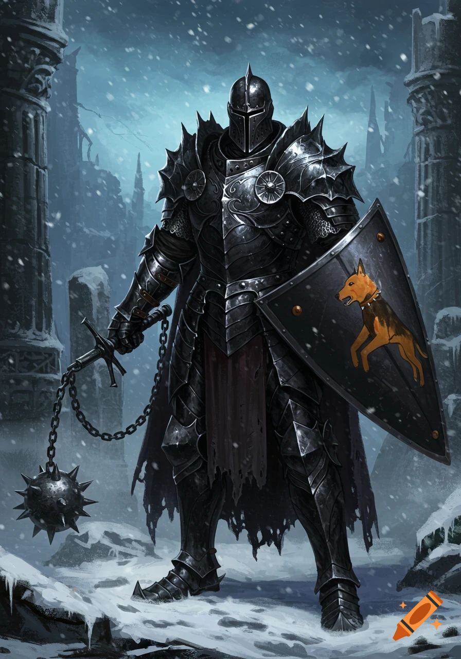 A black armored knight stands in a snowy ruined landscape, holding a chain flail and a shield with a brown hound emblem.