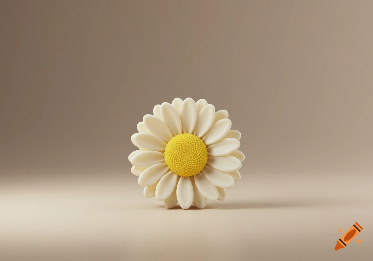 A stylized 3D rendered daisy with white petals and a yellow center on a plain beige background.