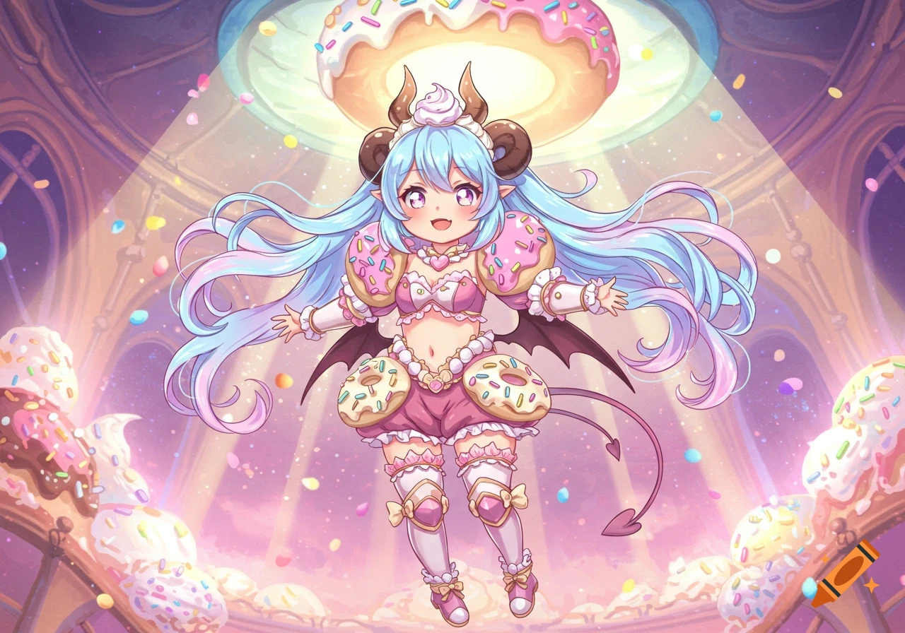 Anime-style illustration of a cute, horned demon girl with blue hair in a donut-themed outfit, floating in a candy underworld.