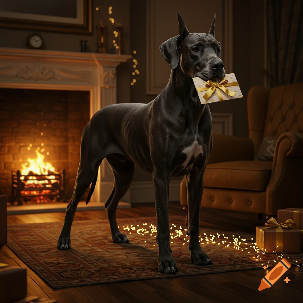 A large gray Great Dane dog stands in a cozy, festive living room by a lit fireplace, holding a golden gift card in its mouth.