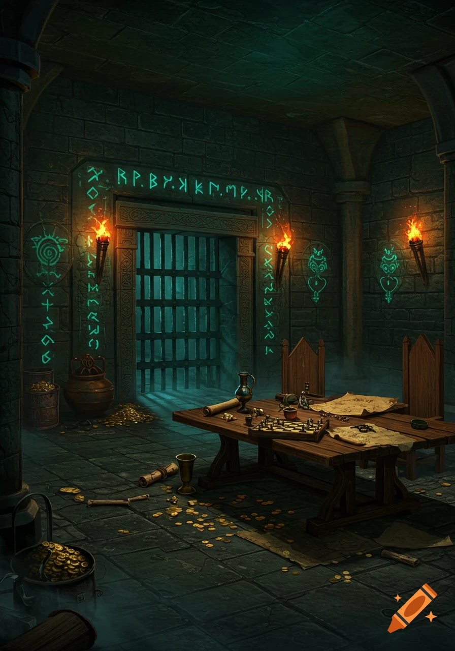 A dark, ancient dungeon room with glowing runes, a barred gate, torches, and a table with maps, a chessboard, and spilled gold coins.