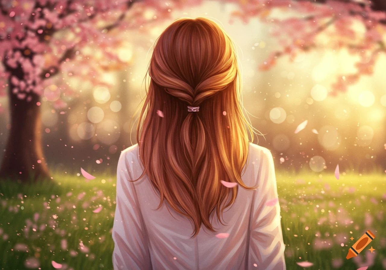 A person with long, flowing brown hair, seen from behind, stands in a vibrant cherry blossom field at sunset in an anime style.