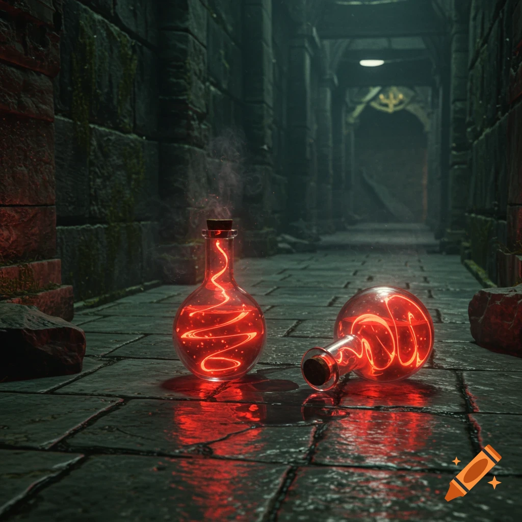 Two glowing red potions, one upright and one on its side, on the stone floor of a dark fantasy dungeon.