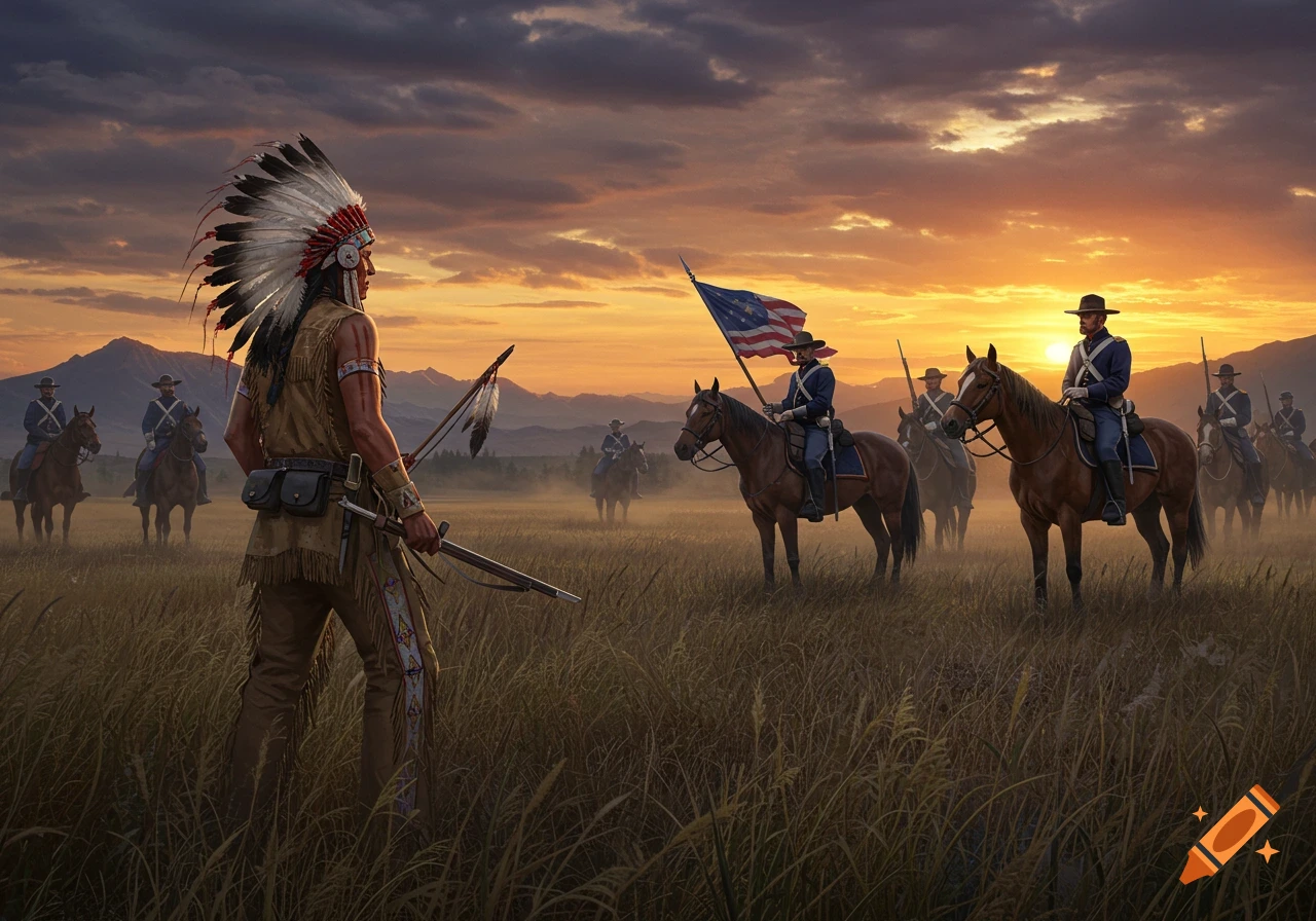 A Native American warrior in a headdress faces a line of cavalrymen on horseback in a grassy field at sunset.