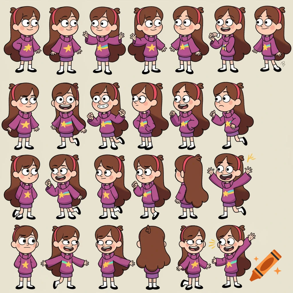 A spritesheet showing multiple cartoon illustrations of Mabel Pines from Gravity Falls in various poses and expressions.
