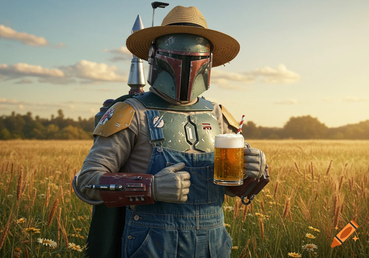 Boba Fett in denim overalls and a straw hat stands in a sunny golden field, holding a mug of beer.