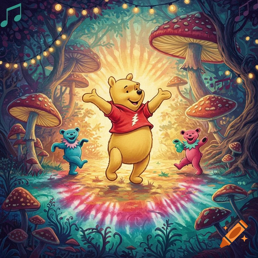 Winnie the Pooh and two Grateful Dead dancing bears in a vibrant psychedelic mushroom forest with string lights and a tie-dye ground.
