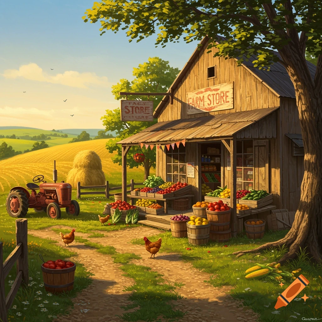 A vibrant illustration of a rustic farm store with produce, a red tractor, and chickens in a sunny rural landscape with golden fields.