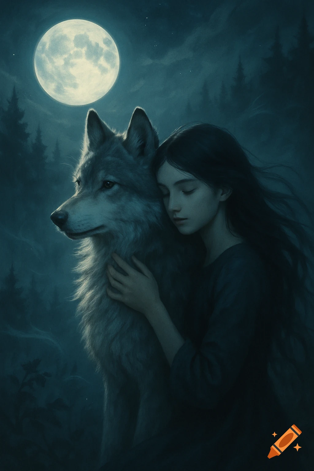 A young girl with dark hair hugs a large wolf under a bright full moon in a dark, misty forest, fantasy art.