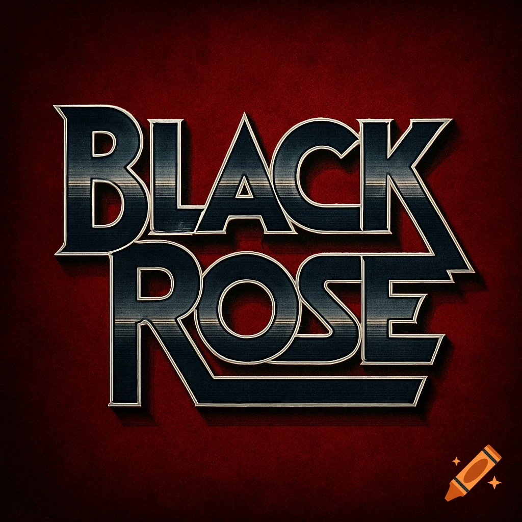 Stylized 'BLACK ROSE' text in a metallic, bold font with an outline, set against a textured dark red background.