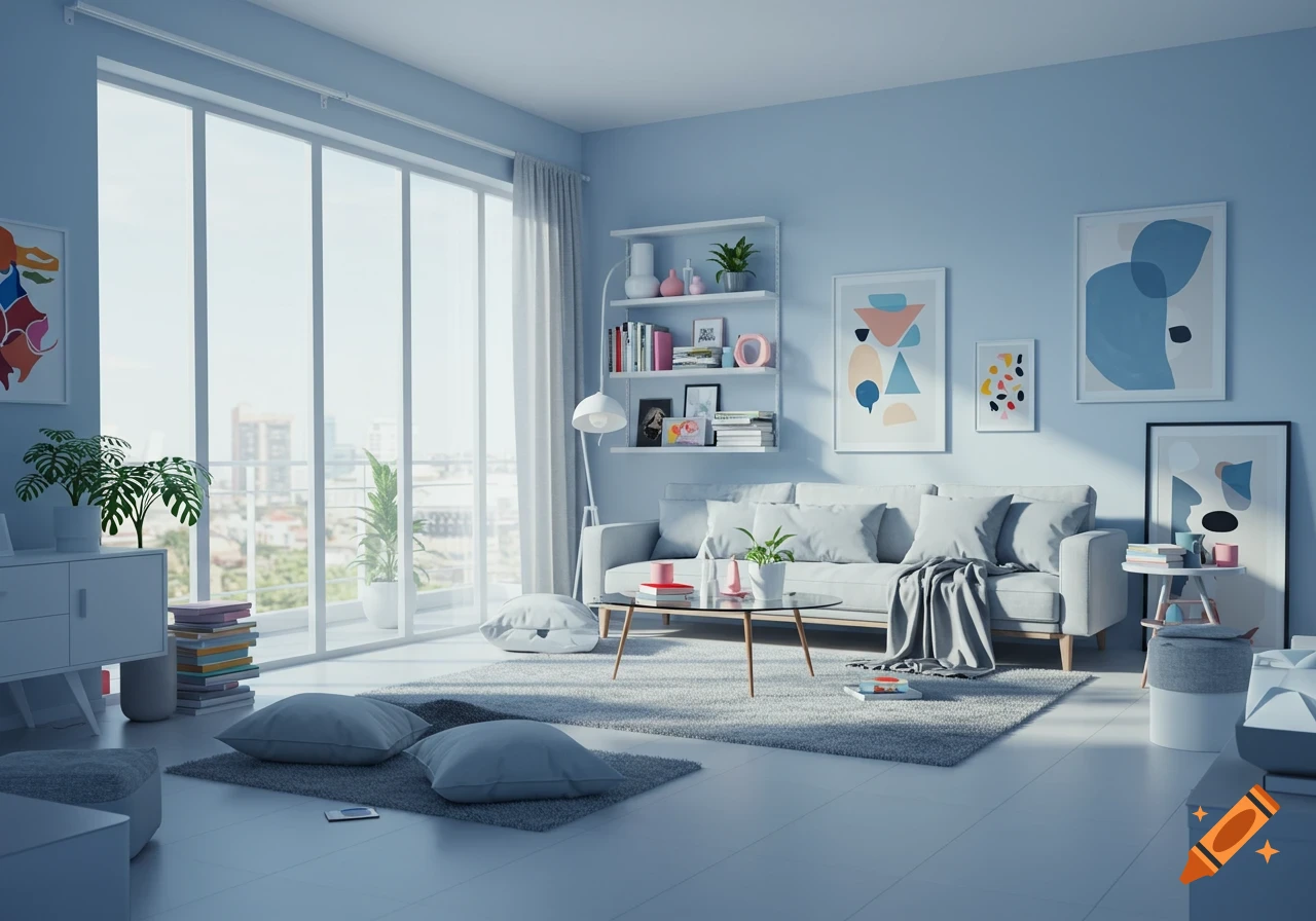 A bright, modern living room with light blue walls, a gray sofa, a glass coffee table, abstract art, and large windows overlooking a city.